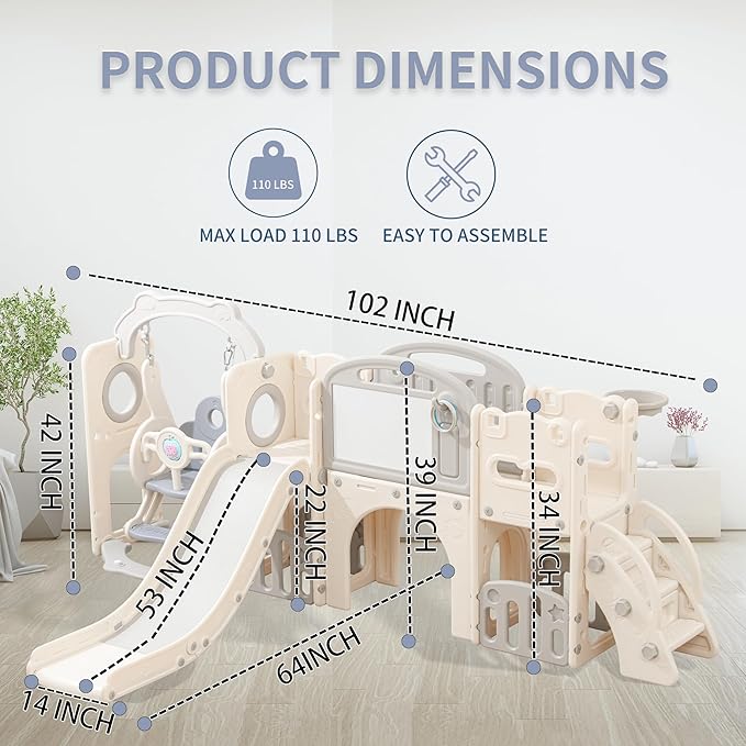 12 in 1 Toddler Outdoor Playset with Swing, Indoor Swing and Slide Set Playground for Toddlers 1-3, Durable Climber Basketball Hoop Ball Toddler Indoor Playset for Home Playground-White Grey