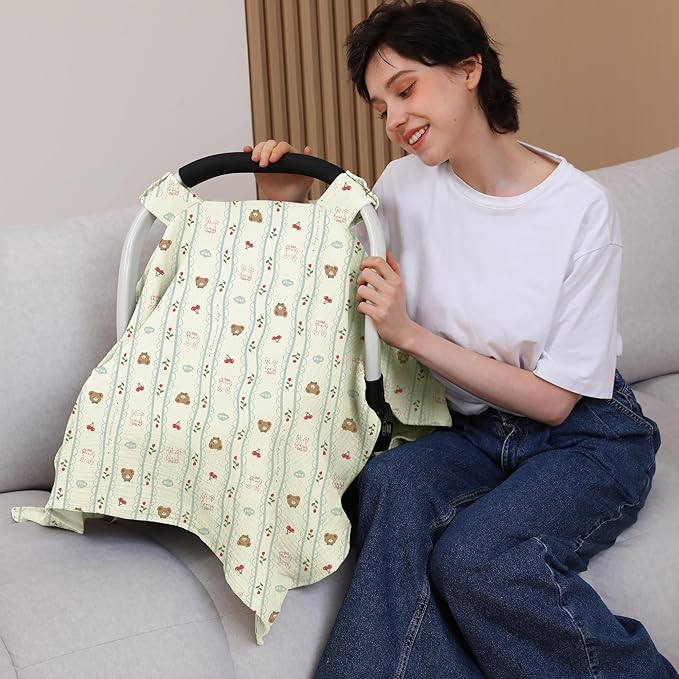 100% Muslin Cotton Car Seat Cover Baby, Carseat Canopy Cover, Universal Fit Stroller Covers for Boys and Girls (Nice Day)
