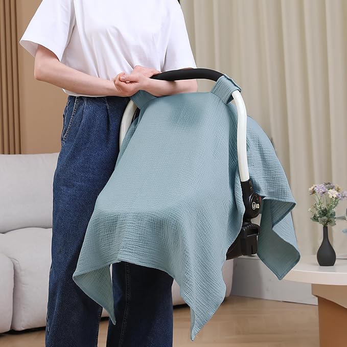 100% Muslin Cotton Car Seat Cover Baby, Carseat Canopy Cover, Universal Fit Stroller Covers for Boys and Girls (Blue)