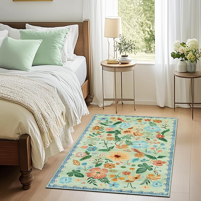 3x5 Rug for Living Room Washable Non Slip with Rubber Backing Soft Faux Fur Low Pile Stain Resistant Small Area Rug 3x5 Boho Vintage Floral Carpet Rug for Bedroom Kitchen Entrance，Green