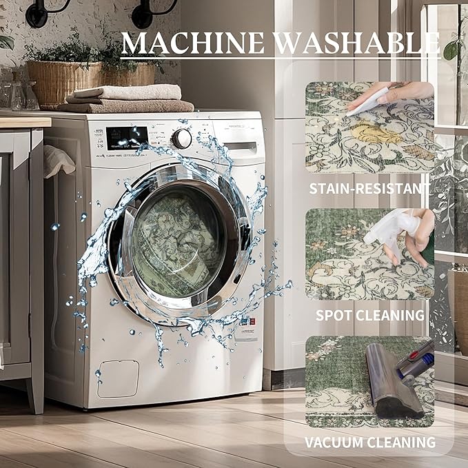 10x14 Area Rug Washable: Oriental Soft Area Rug for Living Room Bedroom No Shedding - Low Pile Thin Carpet Rug for Dining Room Non Slip - Boho Vintage Rug for Home Decor - Olive Green