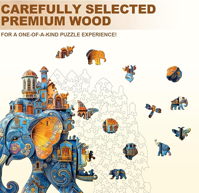 Jigfoxy Wooden Puzzles for Adults, Elephant House Wood Puzzles Adult, Unique Animal Shape Wooden Jigsaw Puzzles for Adults, Birthday Gifts for Puzzle Lovers, Family, Friend (S-8.5 * 7.4in-100pcs)