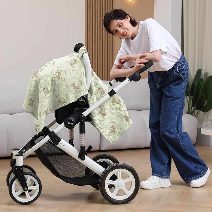 100% Muslin Cotton Car Seat Cover Baby, Carseat Canopy Cover, Universal Fit Stroller Covers for Boys and Girls (Cute Rabbit)