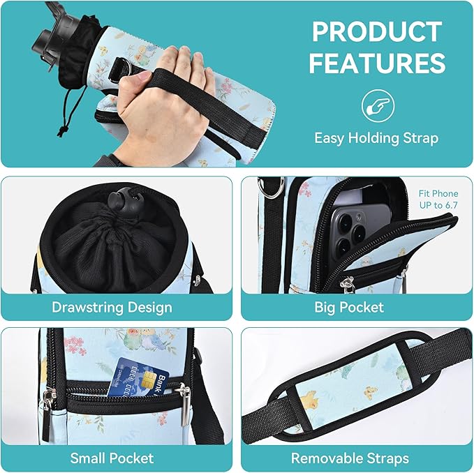 25/32/40/64oz Water Bottle Bag Holder Carrier-Insulated Crossbody Sling Case Sleeve with Strap & Pockets for Men Women Gym Cycling Travel Walking Hiking Camping