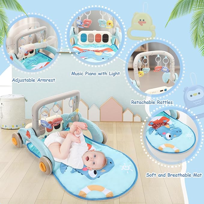 2 in 1 Baby Play Gym with Walker for Newborn, Baby Play Mat Activity Gym with 4 Infant Learning Sensory Tummy Time Mat for Infant Christmas Gifts Adjustable Height (Blue)
