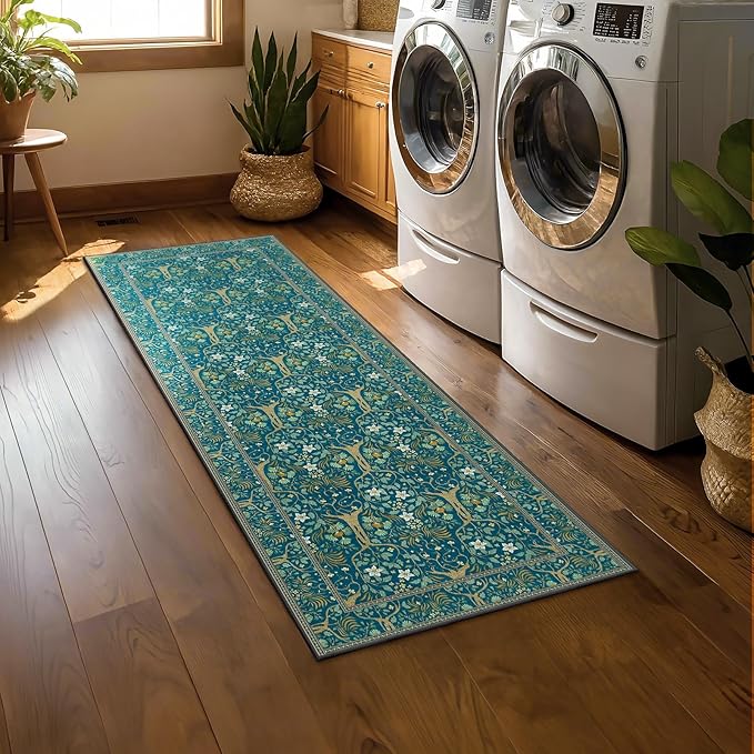 Joydeco Washable 2x6 Rug Runners for Hallways Non Slip, Boho Floral Bathroom Rug Runner, Soft Botanical Forest Indoor Floor Throw Carpet for Kitchen Laundry Room Entryway, Dark Blue
