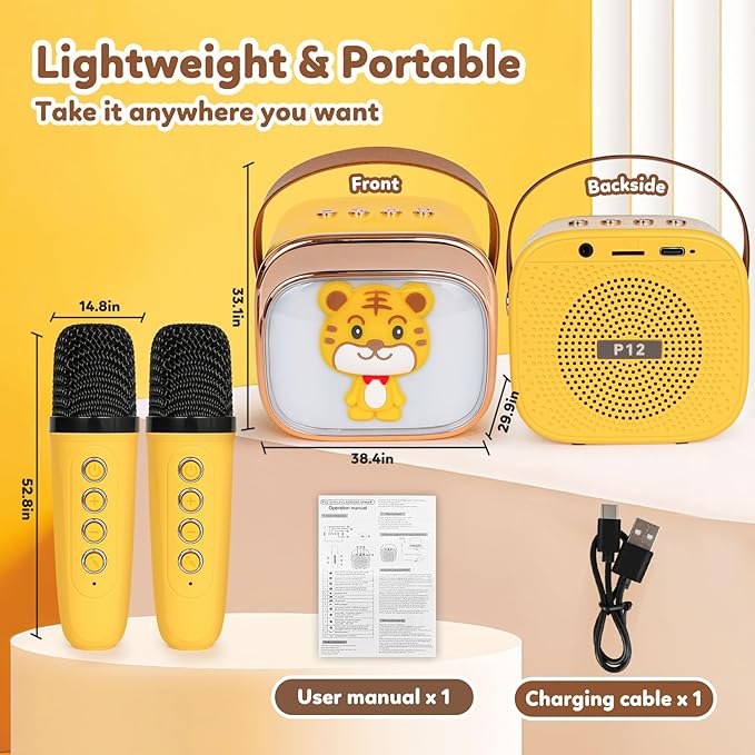 Karaoke Machine for Kids, Portable Mini Karaoke Machine with 2 Wireless Microphones, 4 5 6 7 8 9 10 Years Old Girl Boy Easter Christmas Birthday Gift Tiger Speaker Toys