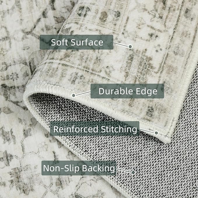 3x7 Runner Rugs for Hallway Non-Slip Hallway Runner Rug with Rubber Backing Washable Rug Runner for Kitchen Bedroom Vintage Distressed Carpet (Border Cream)