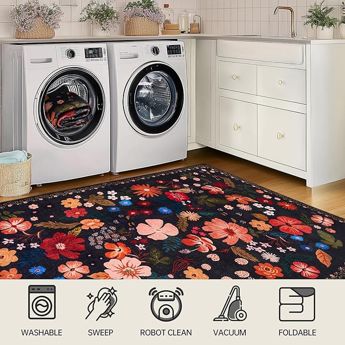 2x6 Rug Runners for Hallways Non Slip Washable Runner Rug with Rubber Backing Sound Absorbing Vintage Boho Floral Low Pile Thin Rug for Kitchen Bedroom Entrance Laundry Bathroom Living Room,Black