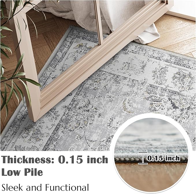 jinchan Runner Rug 2x6 Machine Washable Hallway Rug Grey Vintage Floral Print Non-Slip Low Pile Ultra-Thin for Kitchen,Entryway,Laundry Room,Bedroom,Farmhouse (2‘x6’,Grey)