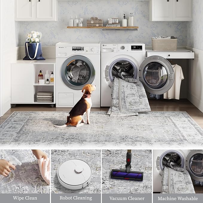 jinchan Runner Rug 2x5-2pcs Kitchen Washable Vintage Hallway Rug Floral Print Floor Cover Indoor Thin Retro Mat Accent Bathroom Laundry Room Bedroom Office Farmhouse (Double,Grey)