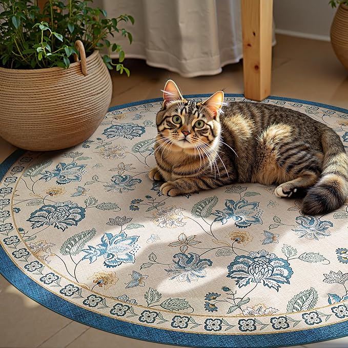 jinchan 4ft Floral Round Rug for Entryway Washable Kitchen Rug Vintage Romance Design Non Slip Indoor Doormat Lightweight Low-Profile Throw Carpet for Living Room Dining Room Bedroom, Blue/Beige