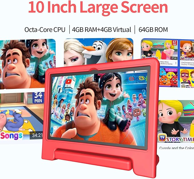 JREN Tablet for Kids｜10 Inch Kids Tablet Android 14｜Octa-core｜64GB｜WiFi ｜Bluetooth｜Parental Control｜Children Content｜Children Toddler Red