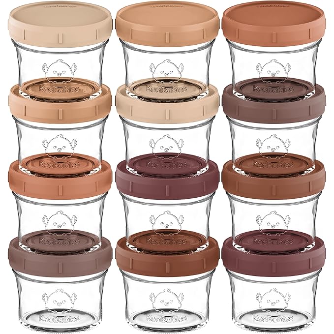 KeaBabies 12pk 4oz Glass Baby Food Containers with Lids - Leak-Proof, Microwavable Small Glass Jars, Baby Purees & Toddler Snack Storage Containers, BPA-Free, Dishwasher & Freezer Safe (Terracotta)