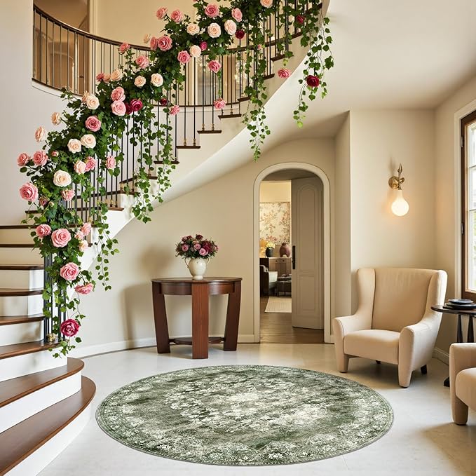 jinchan Round Rug 5ft Area Rug - Green Vintage Floor Mat Kitchen Indoor - Washable Circle 5' Thin Floral Print Carpet Retro Farmhouse Non Slip Dining Room Living Room Bedroom Office