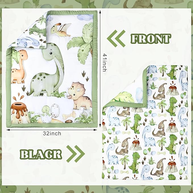 3 Pcs Baby Crib Bedding Set Safari Animals Dinosaurs Bear Woodland Animals Jungle Crib Set Includes Quilt, Fitted Sheet, Skirt for Baby Boy Girl(Green,Dinosaur)