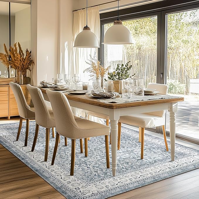 jinchan Floral 6x9 Area Rugs for Living Room - Machine Washable Vintage Distressed Boho Design Throw Rug Stain Resistant Carpet Low-Pile Thin Non-Slip for Bedroom Dining Room Nursery (6‘x9',Grey)