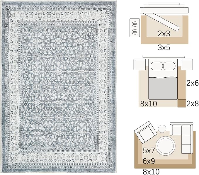 jinchan Floral 5x7 Area Rugs for Bedroom - Machine Washable Vintage Distressed Boho Design Throw Rug Stain Resistant Carpet Low-Pile Thin Non-Slip for Nursery Living Room Dining Room (5‘x7',Grey)
