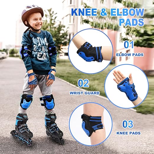 2PM SPORTS Knee Pads for Kids, Wrist Guards Knee and Elbow Pads Set with Drawstring Bag, Protective Gear Set for Girls Boys Roller Skating Cycling Skateboard - Blue Medium