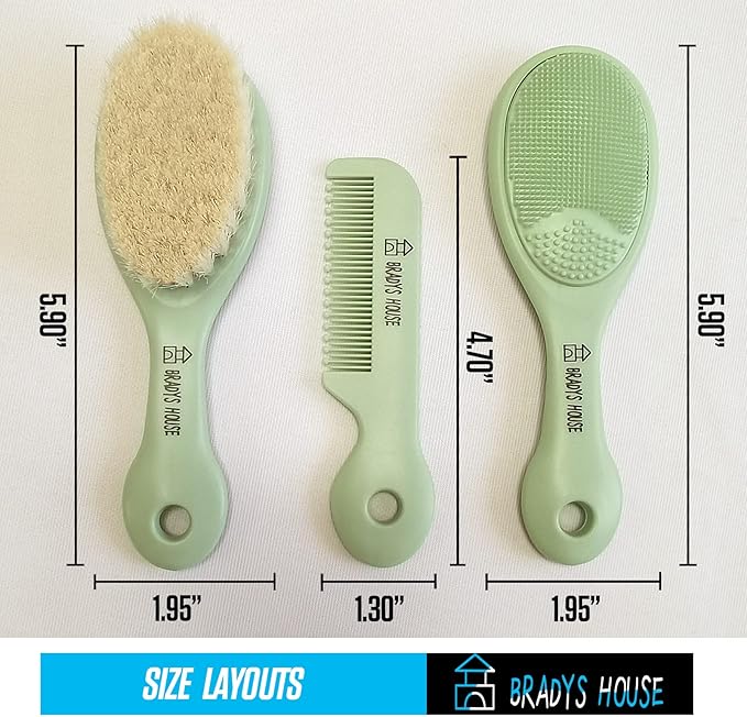 3 Piece Baby Hair Brush & Comb Set for Newborns- Soft Goat Bristle Hair-Brush, Silicone Bath Brush and Plastic Comb for Infant, Toddler, Kids - Baby