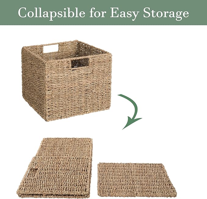 12x12x10in Seagrass Storage Baskets Set of 4, Large Wicker Storage Basket, Decorative Seagrass Shelf Basket, Pantry Baskets Organization,Folding Storage Cube Bins