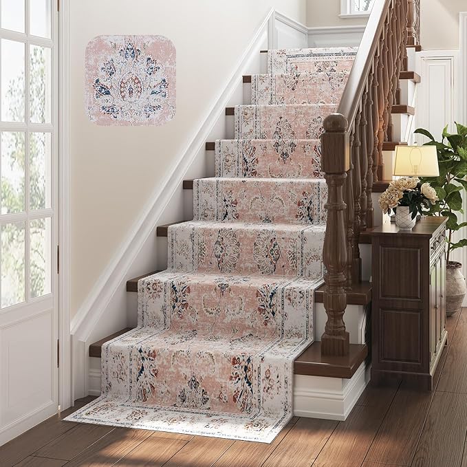 jinchan Hallway Runner Rug 3x8 Machine Washable Runner Rug Pink Vintage Floral Design Non-Slip Low Pile Ultra-Thin for Kitchen Laundry Room Bedroom Farmhouse (3‘x8',Pink)