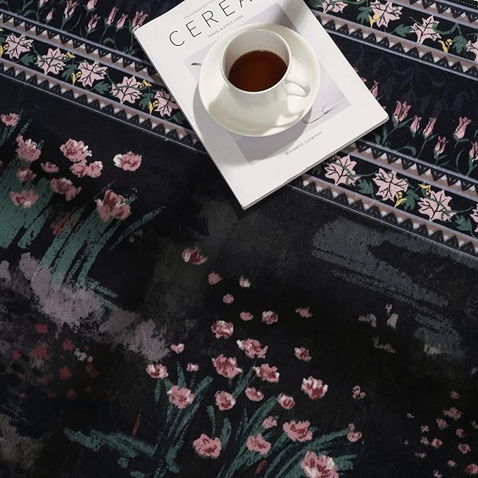 3x5 Washable Rug Impressionist-Style Vintage Non Slip Low Pile Small Carpet for Bedroom Bedside Kitchen Entryway Kids Room Office College Dorm Essentials for Girls, Black