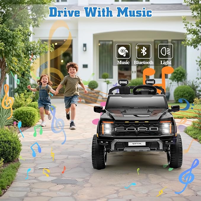 24V Ride on Car Licensed Ford F-150 Raptor, Kids Electric Car with Remote Control, LED Light/Music/MP3, Truck Bed Storage, 3-Point Seat Belt (24V, Black)