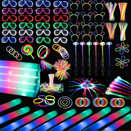 272 PCs Glow Party Supplies, 24 Foam Glow Sticks, 24 LED Glasses and 200 Glow Sticks ＆ Bracelets, 12 Glow sticks headband 12 Fiber Optic Hair Light，Glow Neon Party Favors for Wedding, Concert, Raves