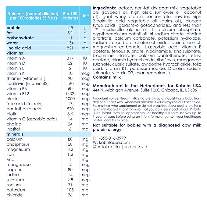 Kabrita Goat Milk Infant Formula - Easy to Digest Baby Formula 0-12 Months - Contains Prebiotics, Iron, DHA, Non-GMO - Gentle on Sensitive Tummies - Formula Supporting Gut Health & Sleep - 28Oz