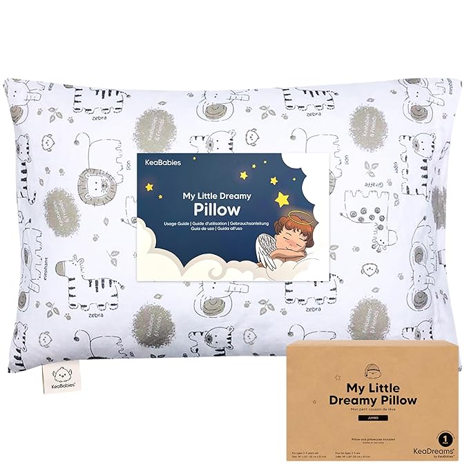 KeaBabies Toddler Pillow with Pillowcase, Jumbo 14X20 - Soft Organic Cotton Toddler Pillows for Sleeping - Machine Washable - Perfect for Travel, Toddler Bed Set (KeaSafari)