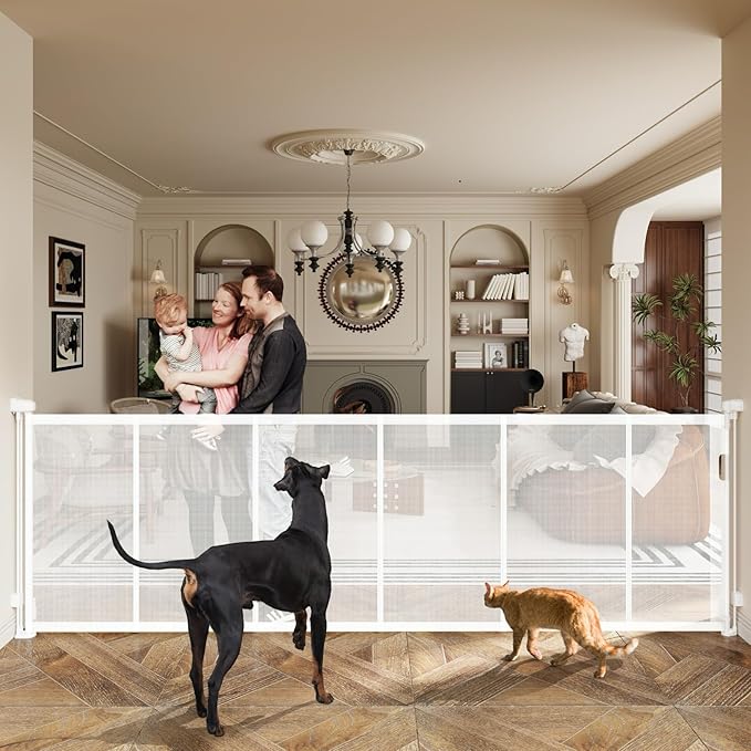 150" Extra Wide Retractable Baby Gates Dog Gate for Large Opening, 41" Extra Tall Mesh Pet Gate, Long Child Safety Gates with Fiberglass Rods for Stairways, Doorways, Hallways - Indoor/Outdoor Use
