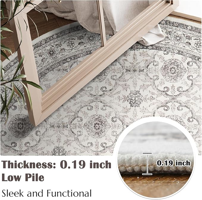 jinchan Round Rug 5ft Washable Circle Soft Rug - Low Pile Vintage 5'Round Indoor Beige Floral Print Stain Resistant Boho Carpet Ultra-Thin Non-Slip for Entryway Nursery Bedroom Dining Room Kitchen