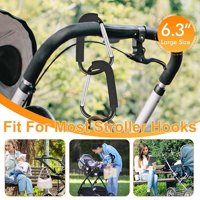 2 Pack Stroller Hooks,6.3" Large Stroller Clips,Stroller Hook for Hanging Diaper Bags and Shopping,Universal Stroller Accessories for Mommy,Large Carabiner Clip Heavy Duty