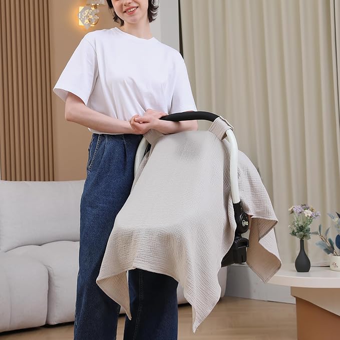 100% Muslin Cotton Car Seat Cover Baby, Carseat Canopy Cover, Universal Fit Stroller Covers for Boys and Girls (Summer Wheat)