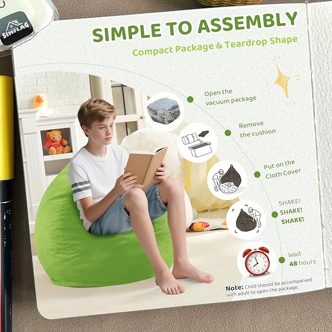 2FT Bean Bag Chair, Comfy Bean Bag Chairs with Memory Foam Filled, Fluffy Beanbag Sofa with Dutch Velvet Cover, Teardrop BeanBag Chairs for Living Room, Playroom - Lime