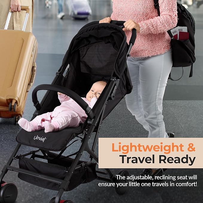 Jovial Lightweight Travel Baby Stroller - One-Hand Folding Compact Stroller with Multi-Position Reclining System - Retractable Sun Canopy, Extra-Large Storage Basket - Includes Airplane Storage Bag