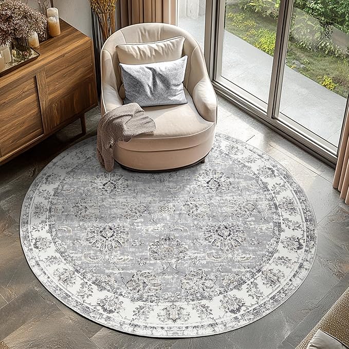 jinchan Round Rug 6ft Area Rugs Vintage Floral Distressed Design - Machine Washable Non-Slip Low-Pile Ultra-Thin Circle Rug for Entryway Bedside Living Room Dining Room Bedroom (6' Round,Grey)