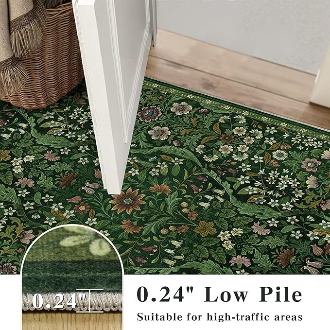 2x6 Washable Runner Rug,Dark Green Floral Boho Area Rug for Hallway,Low-Pile Non-Slip Stain Resistant Carpet for Kitchen, Bedside,Laundry Room,Entryway