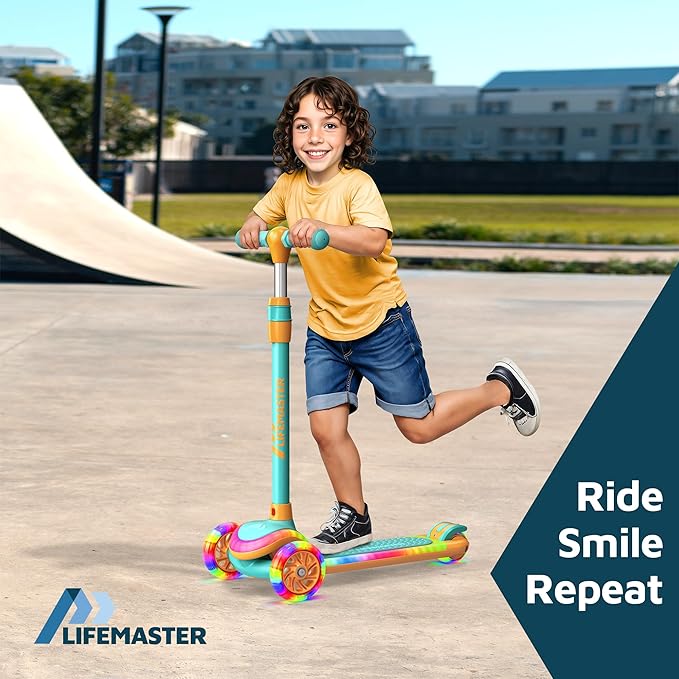 3-Wheel Kids Scooter with Multi-Color Lights on Deck & Wheels – 5-Height Adjustable Handlebar, Wide Anti-Slip Deck, Child Safety Certified, Boys & Girls Ages 3+ Supports Up to 150 lbs