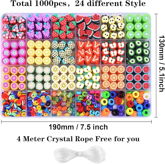 1000PCS Polymer Clay Beads Bracelet Making kit, 24 Style Cute Fun Beads Fruit Beads Charms for Jewelry Necklace Earring Making DIY Accessories for Women Girls