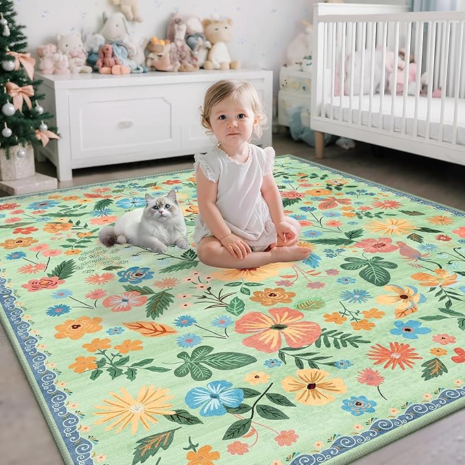 3x5 Rug for Living Room Washable Non Slip with Rubber Backing Soft Faux Fur Low Pile Stain Resistant Small Area Rug 3x5 Boho Vintage Floral Carpet Rug for Bedroom Kitchen Entrance，Green