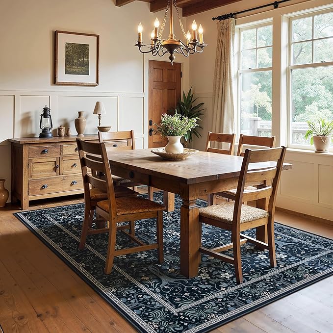 Joydeco Machine Washable Area Rugs 5x7, Boho Floral Rug for Bedroom Non Slip, Soft Forest Botanical Low-Pile Floor Indoor Throw Carpet for Living Dining Room Dorm Office, Blue-Black