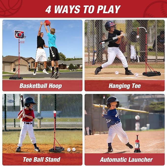 4 in 1 Kids Basketball Hoop and Tball Set for Toddlers 3-5, Adjustable Hanging Tee Ball Stand with Automatic Baseball Pitching Machine, Indoor Outdoor Sport Toys Birthday Gifts for Boys Girls