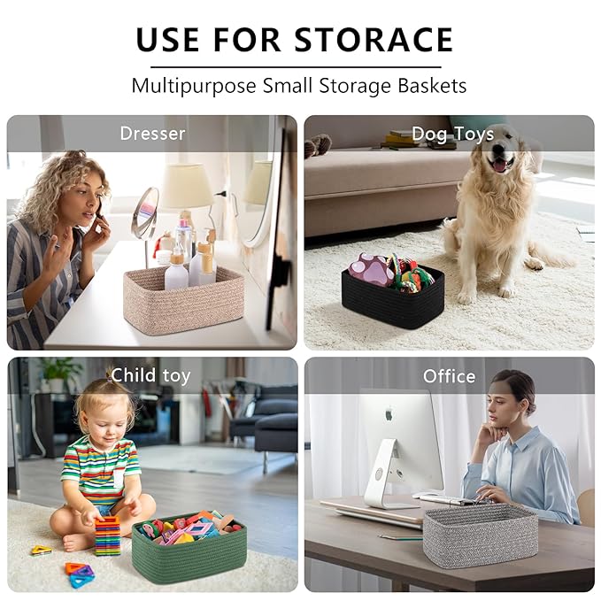 4 Pack Small Storage Shelf Baskets for Organizing, Mini Woven Rope Storage Bins for Towels, Cute Decorative Closet Organizer，Baby Nursery, Gift Empty Baskets -11.81''Lx7.87''Wx4.72''H-Grey