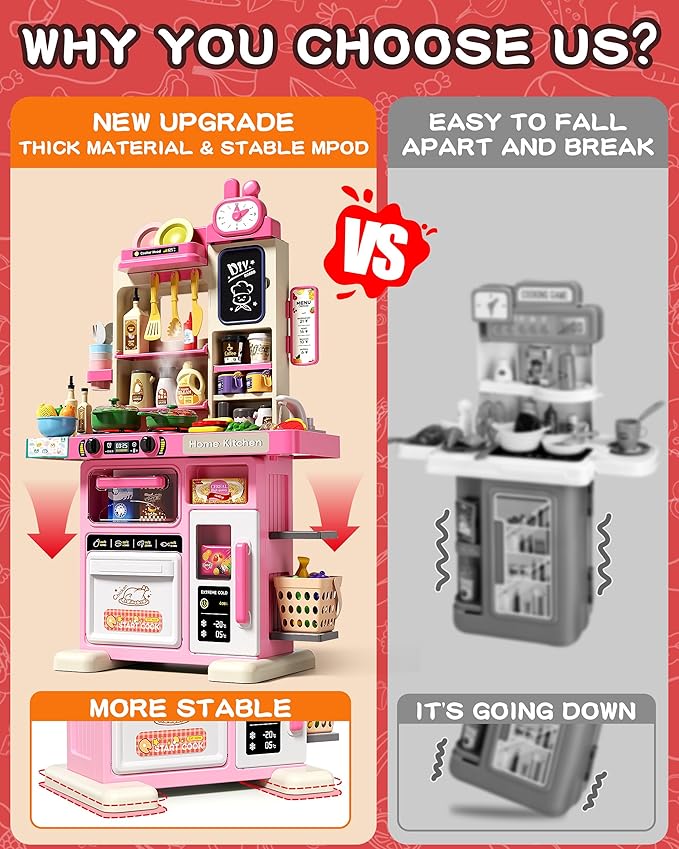 33.8IN Kids Kitchen Playset, 63 PCS Kid Play Kitchen with Realistic Lights & Sounds, Spray Sink Toy Kitchen Accessories, Pretend Food Toys Kitchen for Boys Girls Toddlers(Pink)