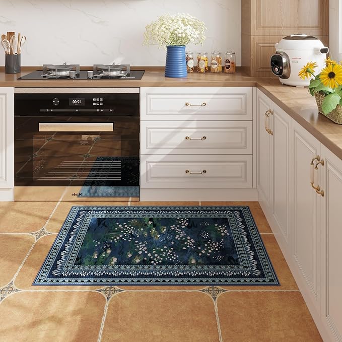 2x3 Rug Impressionist-Style Vintage Indoor Door Mat Machine Washable Small Area Rug Non-Slip Low Pile Throw Rugs for Entryway Kitchen Front Door Indoor Entrance Entry Kids Room, Blue