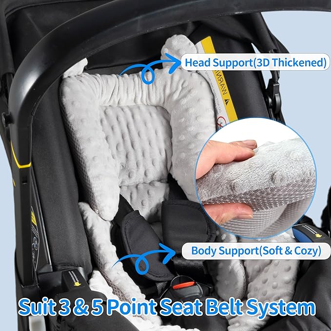3in1 Baby CarSeat Head Support for Infant, Reversible Soft Infant Car Seat Insert Newborn Boy Girl, Breathable Cotton Head Body Support Pillow Cushion,Stroller,Swing,Bouncer,Baby Registry,Grey