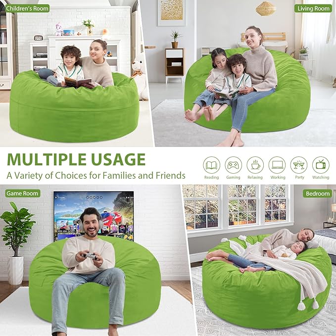 3FT Bean Bag Chair, Comfy Bean Bag Chairs with Memory Foam Filled, Fluffy Beanbag Sofa with Dutch Velvet Cover, Round BeanBag Chairs for Living Room, Playroom - Lime