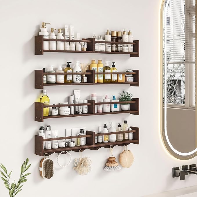 34Inch Nursery Bookshelves,Set of 4,Wall Floating Shelf Kids Coat Rack with 6Hooks,Hanging Book Shelf for Baby Nursery Room Décor (Dark Brown, 34)